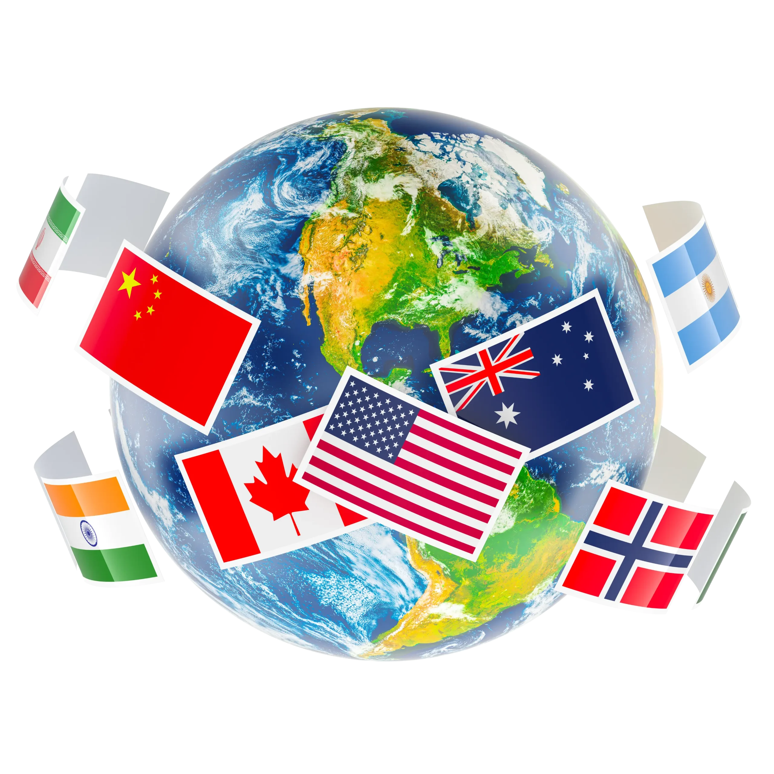 A globe with North and South America visible, surrounded by flags of several countries, including the United States, China, Canada, Australia, Norway, India, and Argentina.