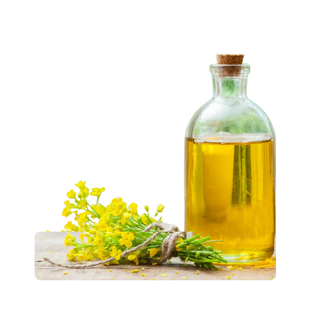 A bottle of canola oil placed on a wooden surface, labeled for use in hair care treatments.