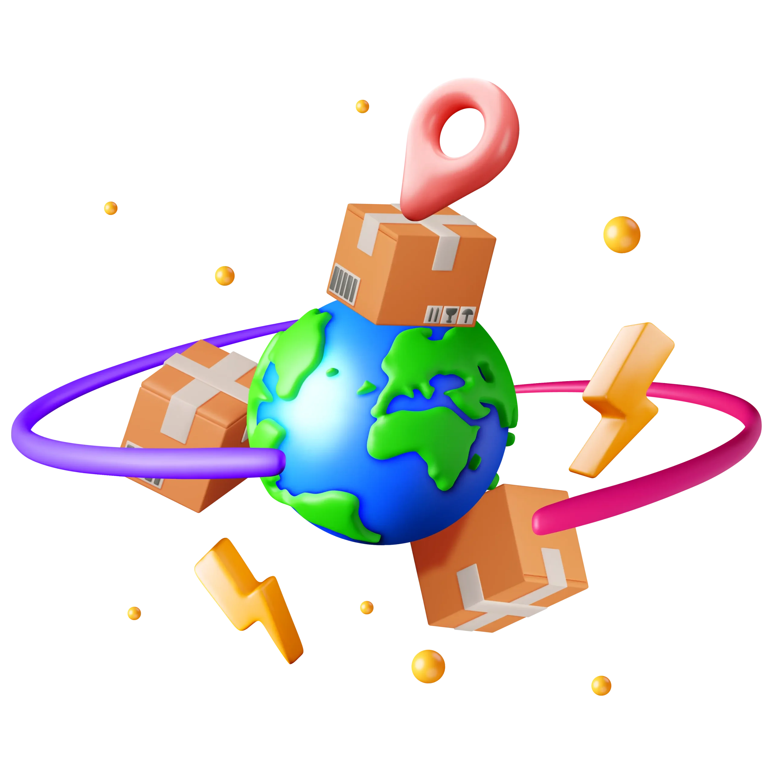 A globe surrounded by boxes and a map pin, symbolizing global logistics and location-based services.