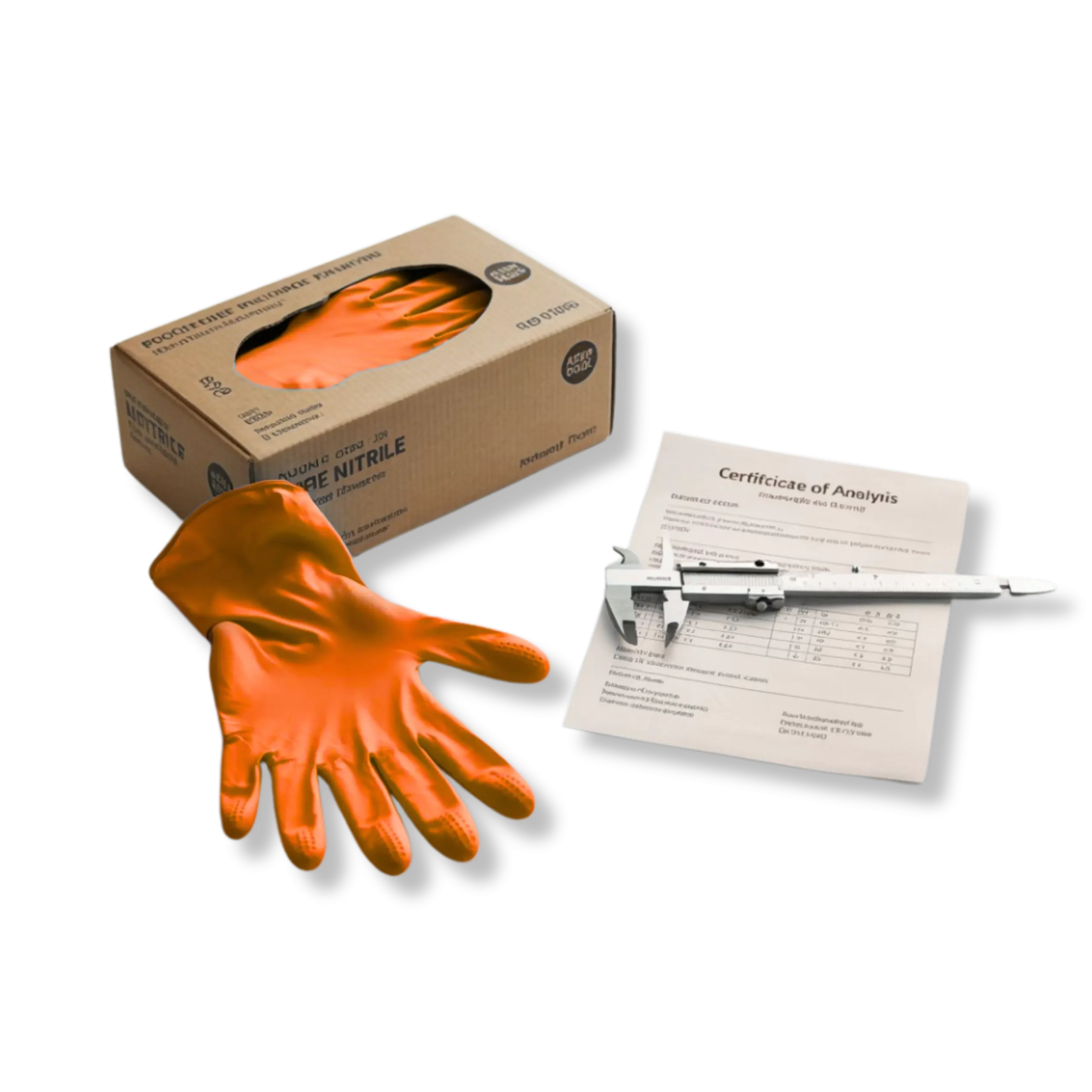 Nitrile gloves displayed next to a box and a ruler on a flat surface.