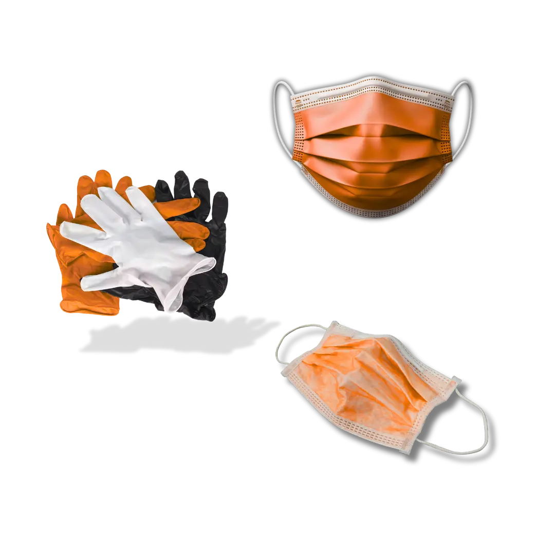 A variety of protective masks and gloves, featuring multiple colors and styles, intended for personal safety and hygiene.