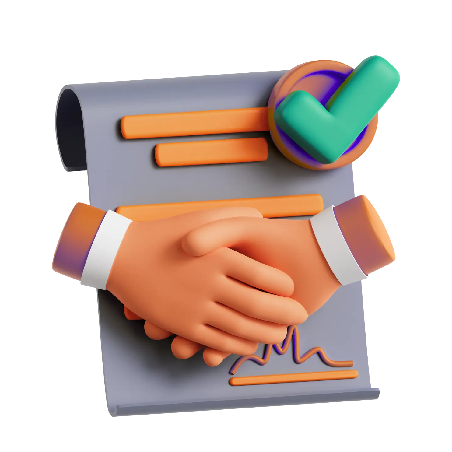 A hand shakes over a document featuring a prominent check mark, symbolizing agreement or completion of a task.