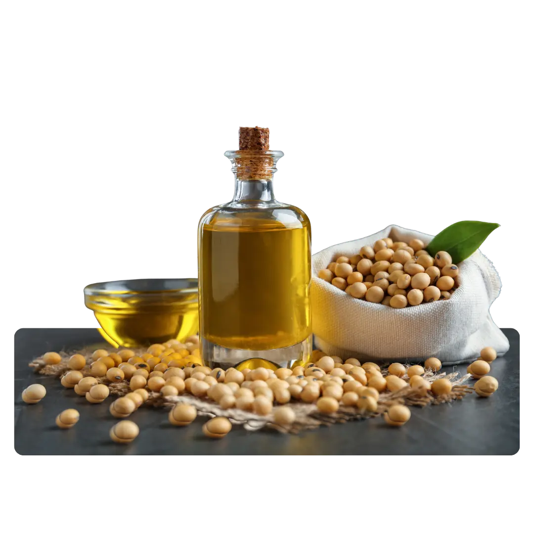 A clear bottle of soybean oil alongside a bag of dried soybeans, showcasing cooking ingredients.