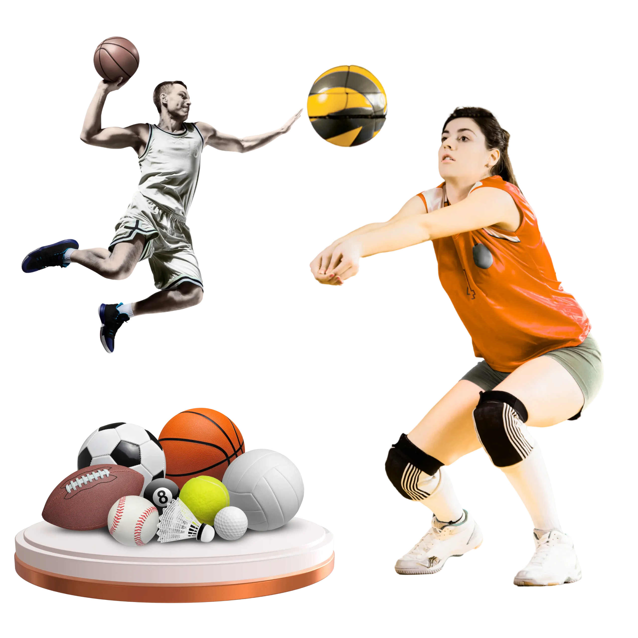 A woman with a basketball and a man with a volleyball stand together, showcasing their sports equipment in a sunny setting.